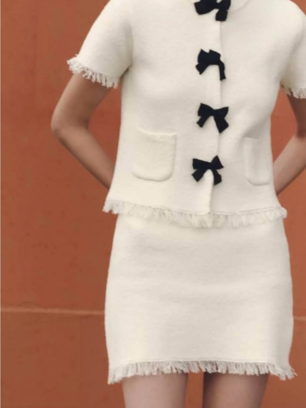 Zara Cream Bouclé Short Sleeve Jacket with Black Bow Accents